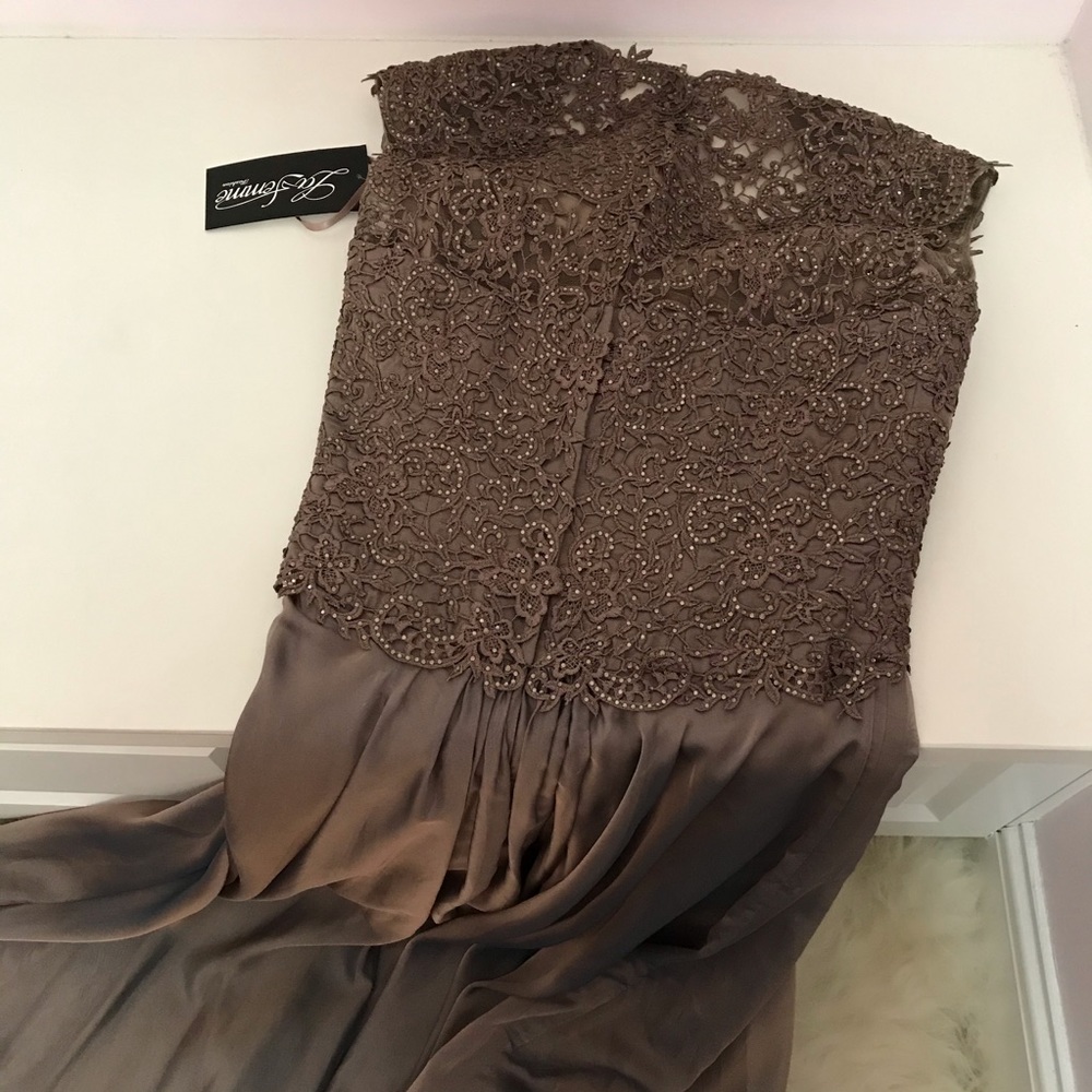 LA FEMME Ruched Chiffon Gown In Cocoa - Picture 8 of 8